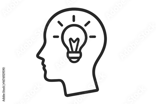 Light bulb in human head icon. Symbol of creativity, innovative idea, mind, thinking. Brainstorming, solution, and knowledge sign. Psychology, learning, and intelligence.
