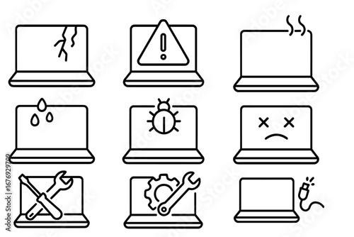 Broken Laptop Icon Set. Computer Repair, Malfunction, Error, Virus, Bug, Water Damage, Cracked Screen, Maintenance, Settings, Power Issues. Outline Vector Symbols for Web, Print, Apps, Tech Support