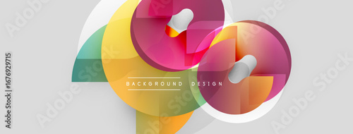 Abstract colorful shapes overlap. Modern design elements create dynamic visual composition. Light gradients enhance overall aesthetic appeal.