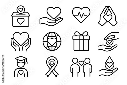 Charity and Gift Outline Vector Icons Set. Donation, Volunteer, Support, Healthcare, Education, Fundraising, Help, Medical, Giving, Heart Symbol, Web Design Elements, Cartoon Thin Line Signs.