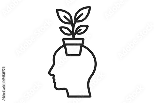Growth mindset concept. Head with growing plant. Personal development, new ideas, mental health, psychology, learning, knowledge, self improvement, positive thinking metaphor.