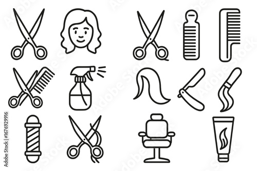 Barber shop and hair salon line icon set. Scissors, combs, barber chair, spray bottle, razor, barber pole, hairdressing supplies. Outline vector symbols for web, app, ad, beauty care design