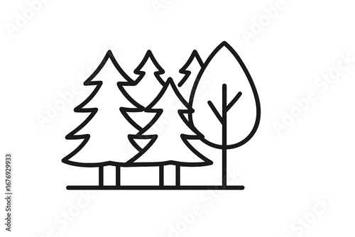 Line art forest trees icon set, including pine and leaf tree silhouettes, vector cartoon illustration for graphic design, websites, cards, books, and articles transparent background