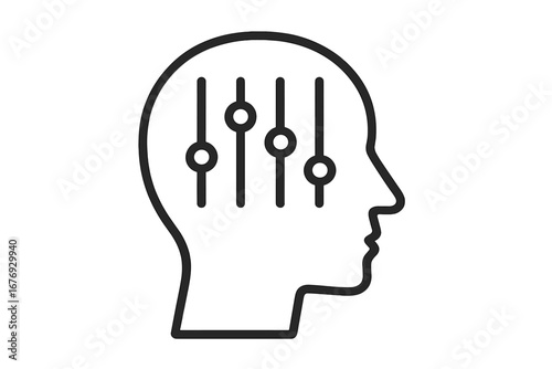 Mental health and psychology concept with head and control sliders. Symbol of mood regulation, personality traits, self control, mindset adjustment, and personal settings.