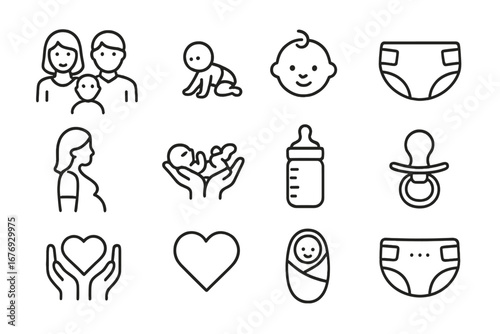Family and Baby Care Line Icons Set. Outline Symbols for Parenting, Childbirth, Pregnancy, Infant Feeding, Diapers, Pacifier, Bottle, Love and Parenthood Concepts. Vector Illustration