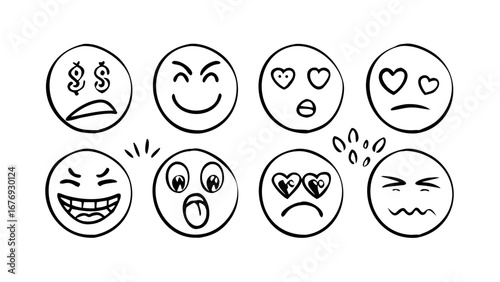 Hand drawn emoji faces with different expressions illustration