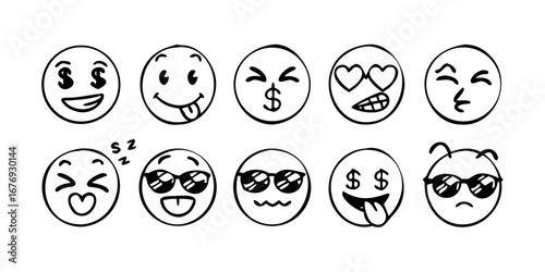 Hand drawn emoticons with various expressions emoji