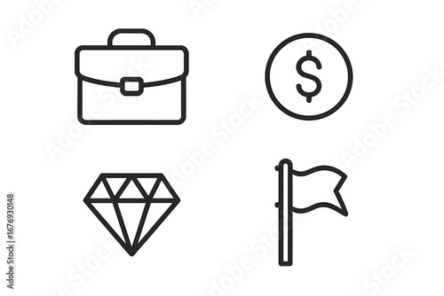Minimalistic linear vector set of business, finance, wealth, diamond, flag icons. Thin contour pictogram for web, app, banner, and social media design. Money, briefcase, gem, investment symbols.