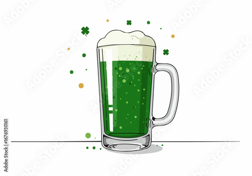 Green beer in glass mug with foam and festive decorations for St. Patrick's Day  