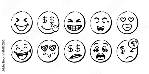 Hand drawn emoticons with various expressions emoji
