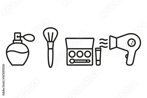 Minimalist beauty line icon set. Perfume bottle, makeup brush, cosmetic palette, lipstick, hair dryer. Linear cosmetic tools collection for beauty salons, apps, concept, skincare, spa, vector design