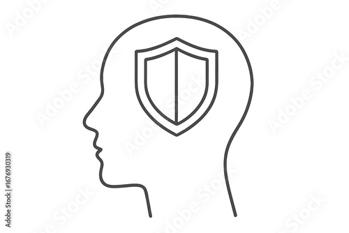 Mental health protection concept. Head with a shield for psychological safety, resilience, and wellbeing. Strong mind and defense mechanism metaphor for inner security and peace of mind.