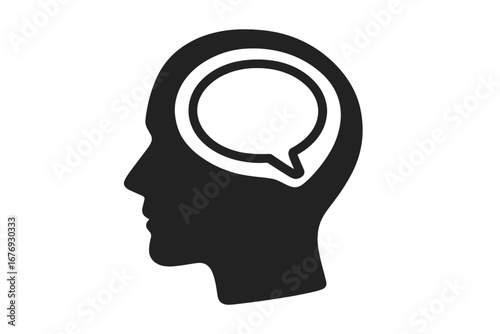 Human head silhouette with speech bubble inside. Concept of inner voice, thought process, communication, opinion, and ideas. Psychology, mental health, and internal monologue icon.