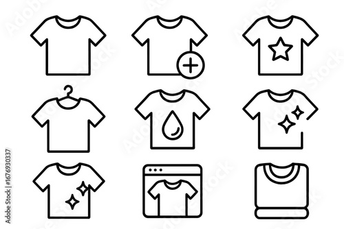 Clean T-shirt laundry care icon set. Editable outline stroke. Clothing maintenance, wash, dry, clean, folding icons for laundry room, fashion shop, detergent, apparel, online store, web, app.