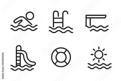 Swimming pool line icon pack. Minimalistic linear water symbols for web apps, banner design, social network, summer recreation, aquatics, leisure, outline pictogram vector set, modern illustration