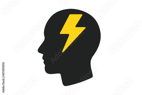 Headache, stress, and anxiety concept. Brainstorming, idea, and creativity symbol. Human head silhouette with a lightning bolt. Mental health, psychology, and power metaphor.