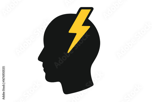 Brainstorming concept with human head and lightning bolt. Creative idea, inspiration, and mind power. Metaphor for mental health, stress, headache, migraine, and psychology.