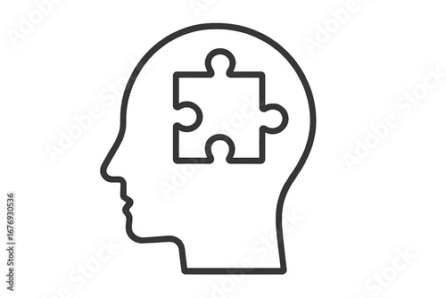 Human head profile with puzzle piece. Concept for psychology, mental health, therapy, logic, memory loss, dementia, Alzheimer's, autism. Problem and solution finding icon.