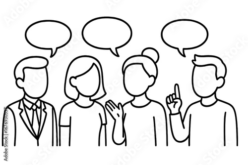 Business People Teamwork Communication Concept Illustration. Faceless Group Discussion Outline. Speech Bubbles. Office Conversation. Corporate Collaboration. Vector Line Art. Transparent Background