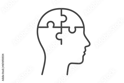 Human head with jigsaw puzzle pieces. Psychology and mental health concept. Symbol of logic, creative thinking, problem solving, dementia, memory loss, and mental disorder.
