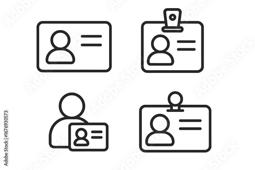 Identification card icons set. Vector isolated outline illustration of ID badge, identity card, name tag, personal document, access pass, employee badge, office security identification vector icon set