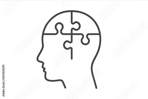 Human head silhouette with puzzle inside. Metaphor for mental health, psychology, problem-solving, and logical thinking. Brain jigsaw icon for strategy, creativity, therapy, ideas.