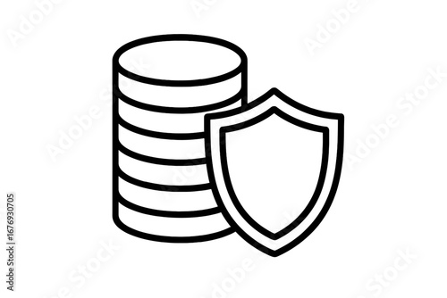 Money protection icon. Financial security and safe payment concept. Stack of coins with a shield for investment insurance. Secure transaction and wealth savings protection symbol.
