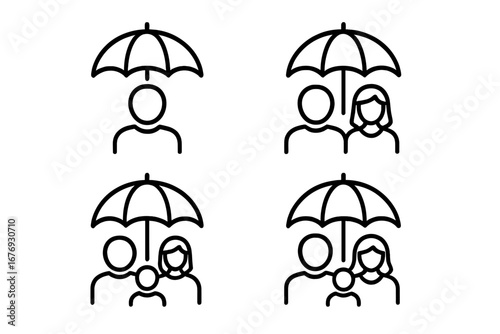 Insurance protection line icon set. People, family, parents and child under umbrella symbols. Outline vector illustration pack for web, apps, financial services, safety, secure, coverage concepts.