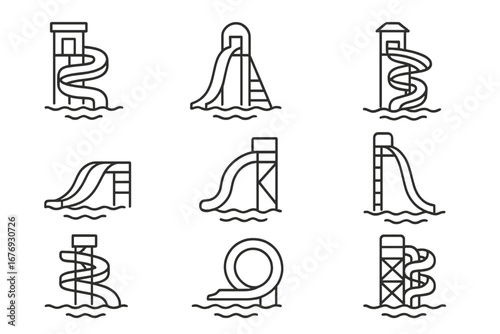 Water park line icons. Aquapark slide set. Summer vacation fun symbol. Water attraction pictogram. Swimming pool recreation. Editable stroke vector outline illustration.