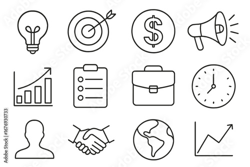 Business icons thin line set. Pictogram collection for web design, mobile app. Marketing, success, management, finance, strategy concepts. Goal, growth, idea, handshake symbols.