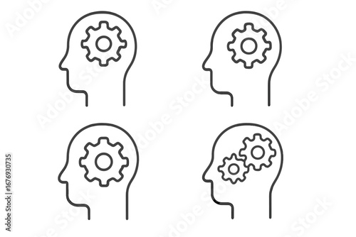 Head with gears icon set. Thinking process, brainstorming, mental health, strategy, solution, intellect, machine learning, AI, human mind, knowledge, creativity concept.