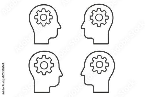 Head with gear icon. Thinking process. Brainstorming concept. Mental work, machine learning, AI. Intellectual property. Problem solving. Human head profile silhouette set.