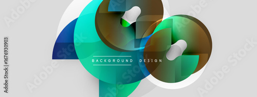 Abstract fluid shapes, teal, blue, brown hues. Modern design elements overlap, creating dynamic composition. Light gradients enhance visual interest.
