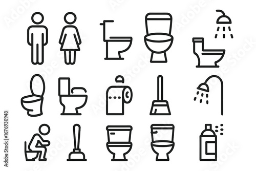 Restroom, Toilet, Bathroom, and Hygiene Thin Line Icon Set. Editable Stroke Vector Collection for Web, Apps, Signs. Modern Black Outline Symbols: Men, Women, Shower, Toilet Paper, Bidet, Plunger
