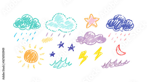 Hand drawn weather elements crayon style clouds moon