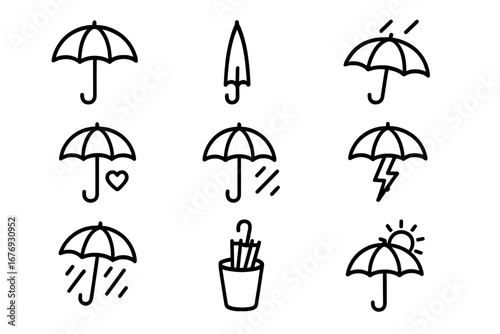 Umbrella weather icon set. Rain, sun, storm, and love symbols. Thin line art collection for protection concept. Simple outline vector pictogram with editable stroke for web design.
