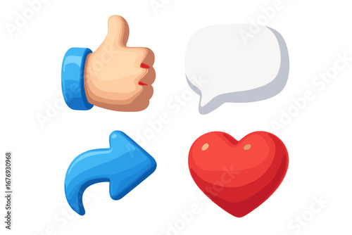 Social media icon set in 3D cartoon style. Thumbs up for like, speech bubble for comment, arrow for share, and heart for love. Vector icons for web and mobile applications.