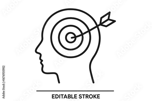 Head with a target symbol as a brain. Metaphor for goal, focus, obsession, or pressure. Psychology concept of a targeted mind. Vector illustration of a headshot with a bullseye.