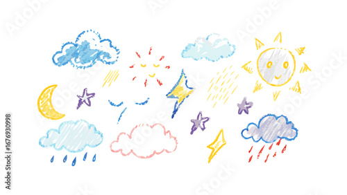 Hand drawn weather elements crayon style moon clouds