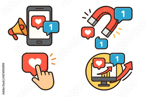 Social media marketing vector icon set. Digital engagement and customer promotion concepts. Lead magnet, CTA click, and analytics for business growth. Flat cartoon illustration.