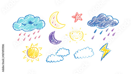 Hand drawn weather icons moon clouds