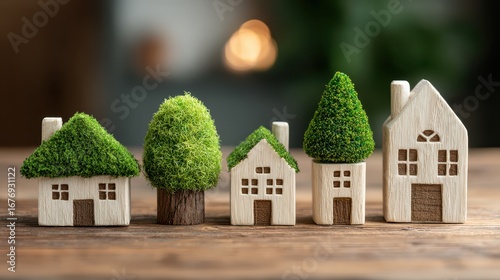 Whimsical miniature houses with lush rooftop trees blending nature and urban living in a sustainable cityscape.