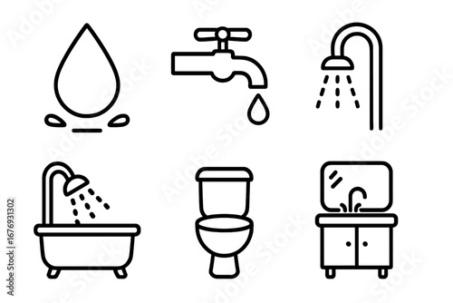 Bathroom water elements collection. Linear outline shower, bathtub, faucet, sink, toilet, pipe, water drop, plumbing, hygiene. Editable stroke vector cartoon illustration for web and print.