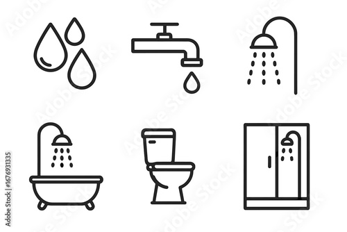 Bathroom water elements outline collection. Linear shower, faucet, bathtub, water drops, plumbing icons set. Editable stroke vector, minimalist illustration for web, book, card, app design
