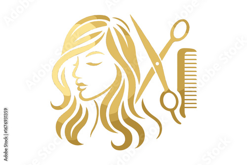 Beauty salon logo with woman face silhouette. Golden hairdresser vector icon with scissors and comb. Concept for hairstylist, haircut, coiffure, and cosmetic brand identity.