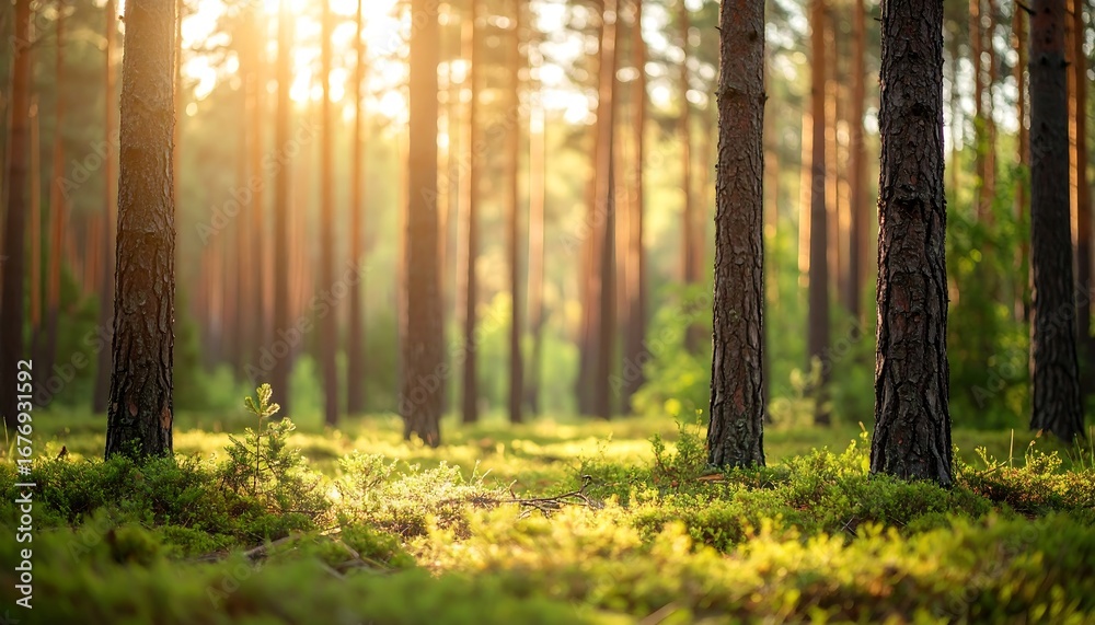 Fototapeta premium Sunlit pine forest at dawn, showcasing tall trees and a lush green undergrowth bathed in golden light.