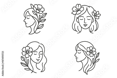 Wallpaper Mural Set of feminine woman face line art logo icons. Elegant floral girl with flower in hair for beauty salon, spa, cosmetics, or wellness brand. Minimalist vector illustration. Torontodigital.ca