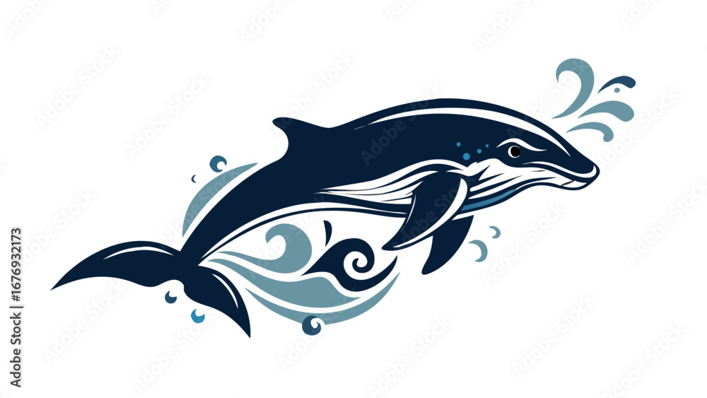 Naklejka premium Majestic whale in stylized ocean waves water marine life