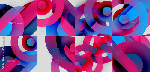 Abstract colorful backgrounds. Overlapping circles create dynamic visual patterns. Modern design elements, vibrant hues, smooth gradients.