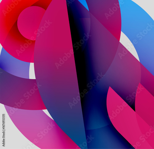 Abstract shapes overlap, creating vibrant color gradients. Pink, purple, blue dominate composition. Modern design elements present.